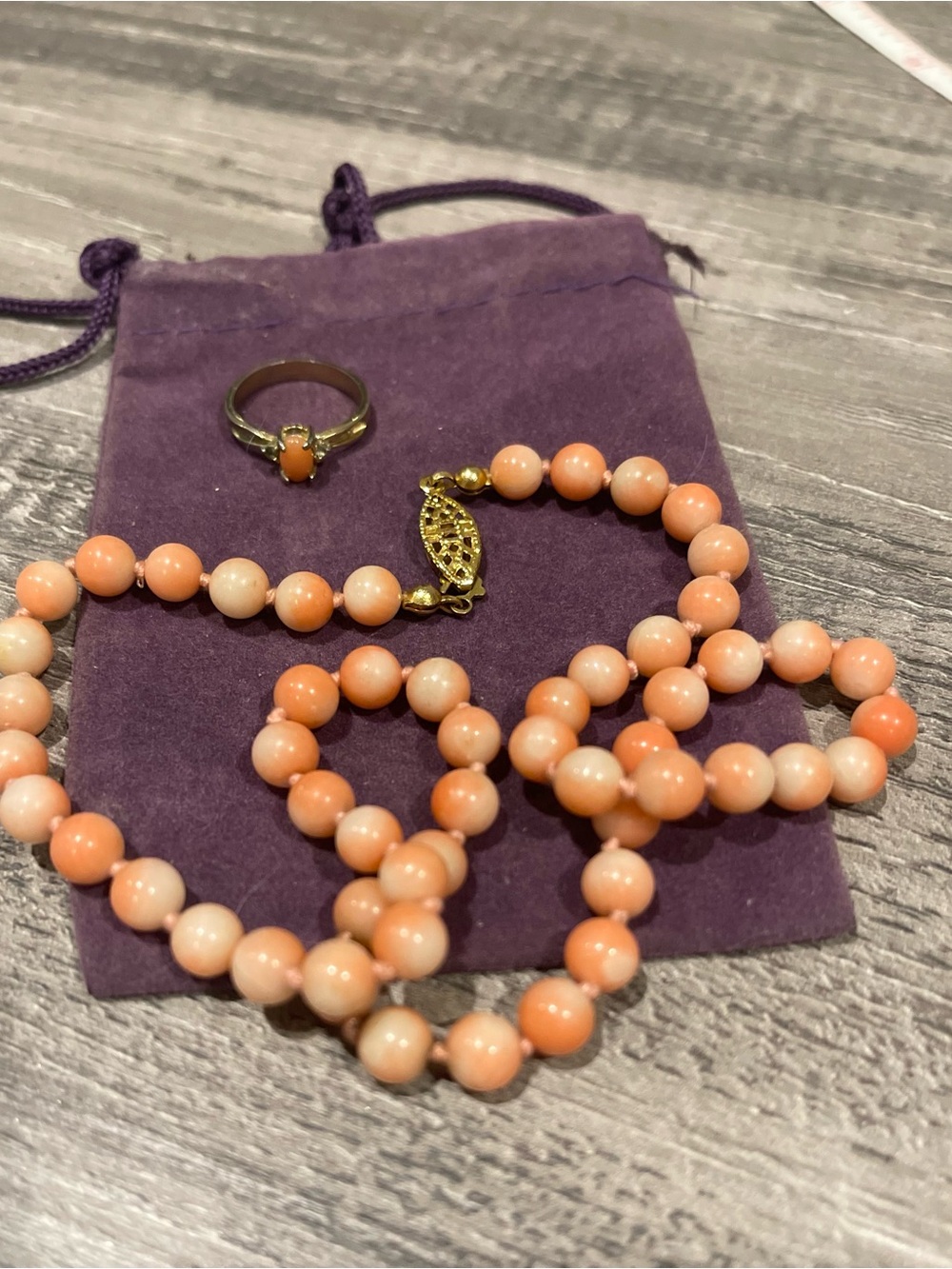 18k-gold-angel-skin-pink coral-bead necklace and matching ring